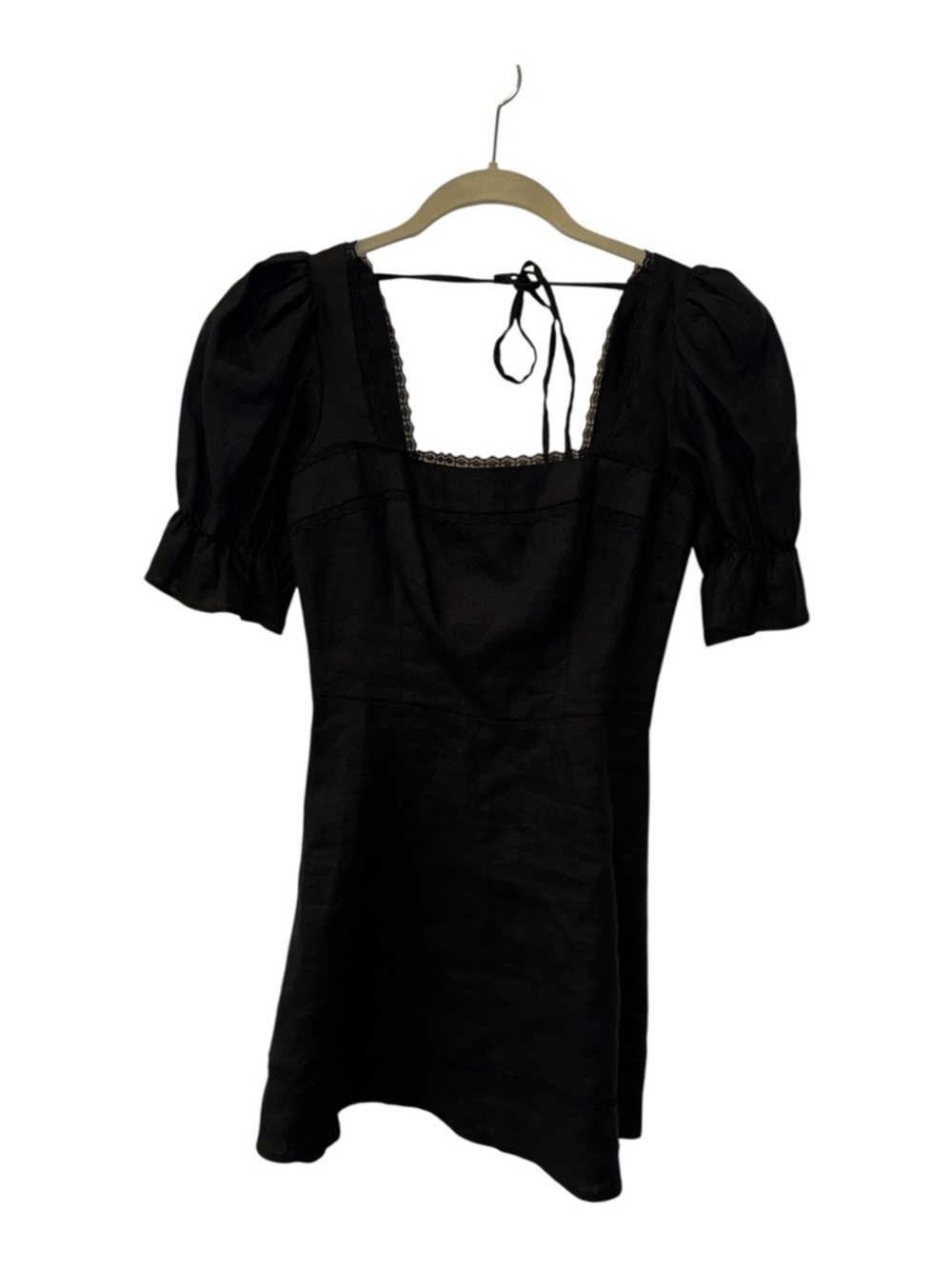 Reformation Evianna Black Linen Lace Trim Square Neck Puff Sleeve Mini Dress 0 - Picture 6 of 14